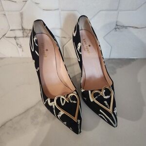 Kate Spade New York Black White Script Heart Pointed Toe Stiletto Heels‎ Size 7
